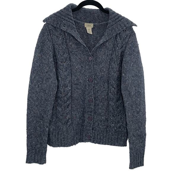 LL BEAN Cardigan Small Blue Wool Blend Marled Cable Knit Sweater Button VTG EUC - Picture 1 of 9